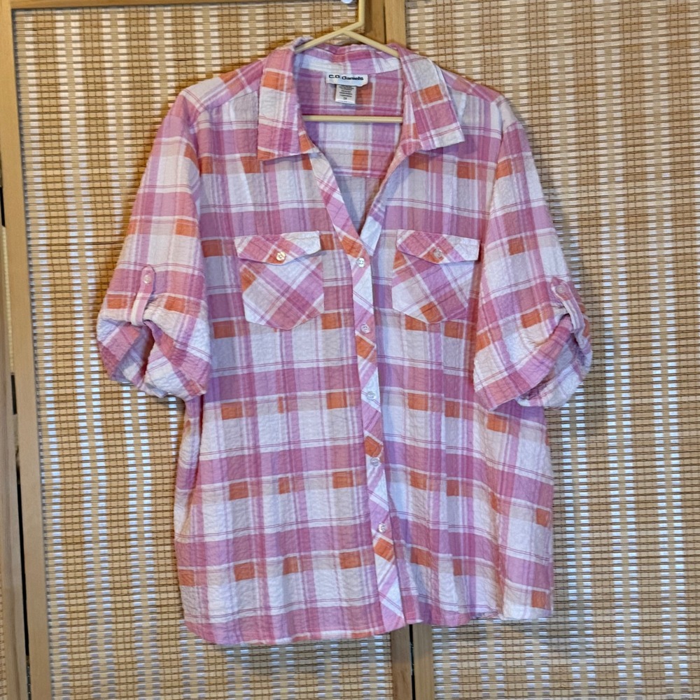 C.D. Daniels Womens 2X Pink‎ Orange Plaid Seersucker Roll Tab Button Up Shirt